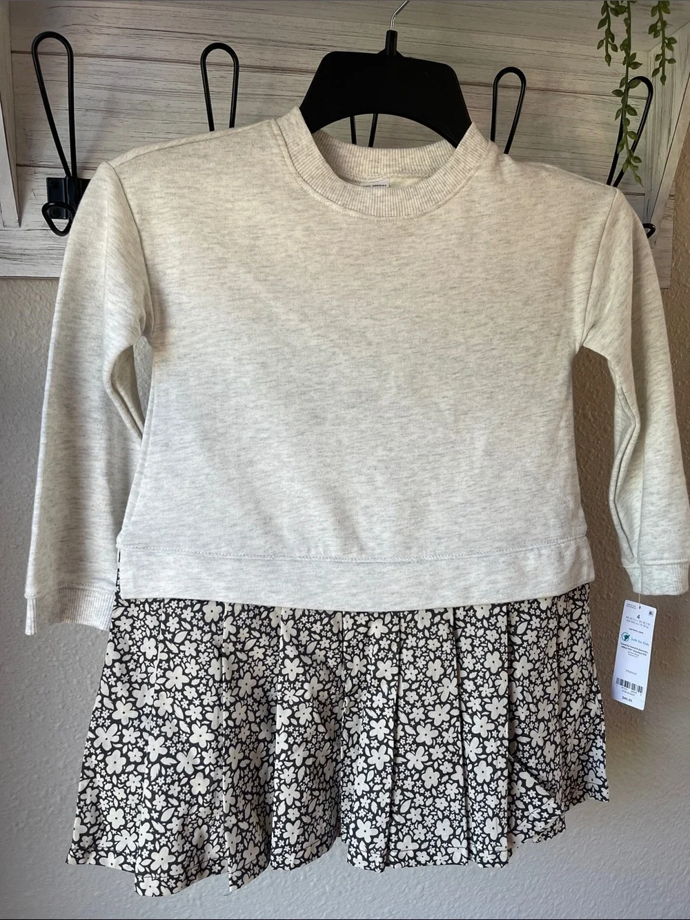 Carter's Cream Sweatshirt Dress with Black Floral Skirt